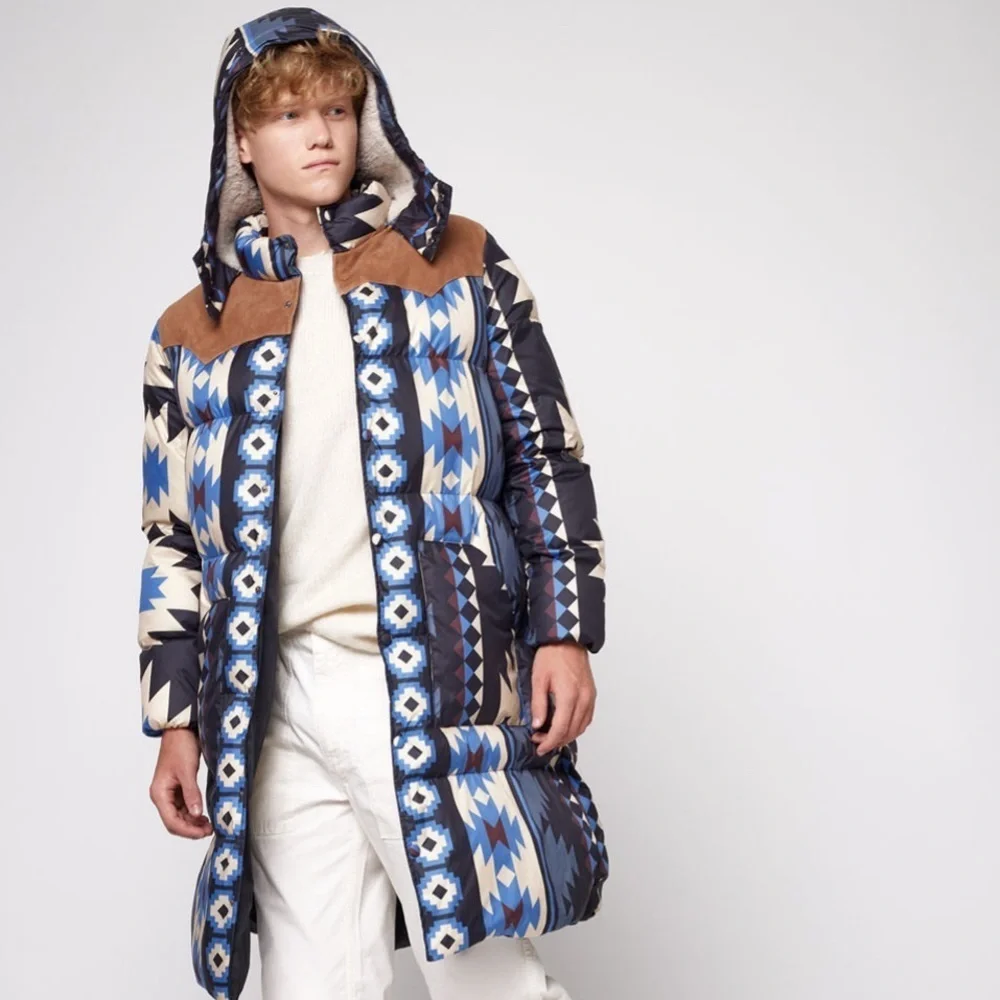 Blast Off Blue Aztec Patterned Men's Puffer Coat - Picture 13 of 13